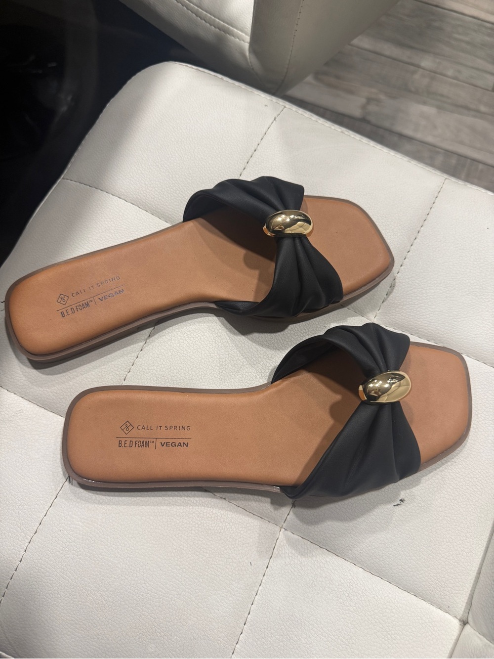 Call It Spring Black Slide Sandals with Gold Accent